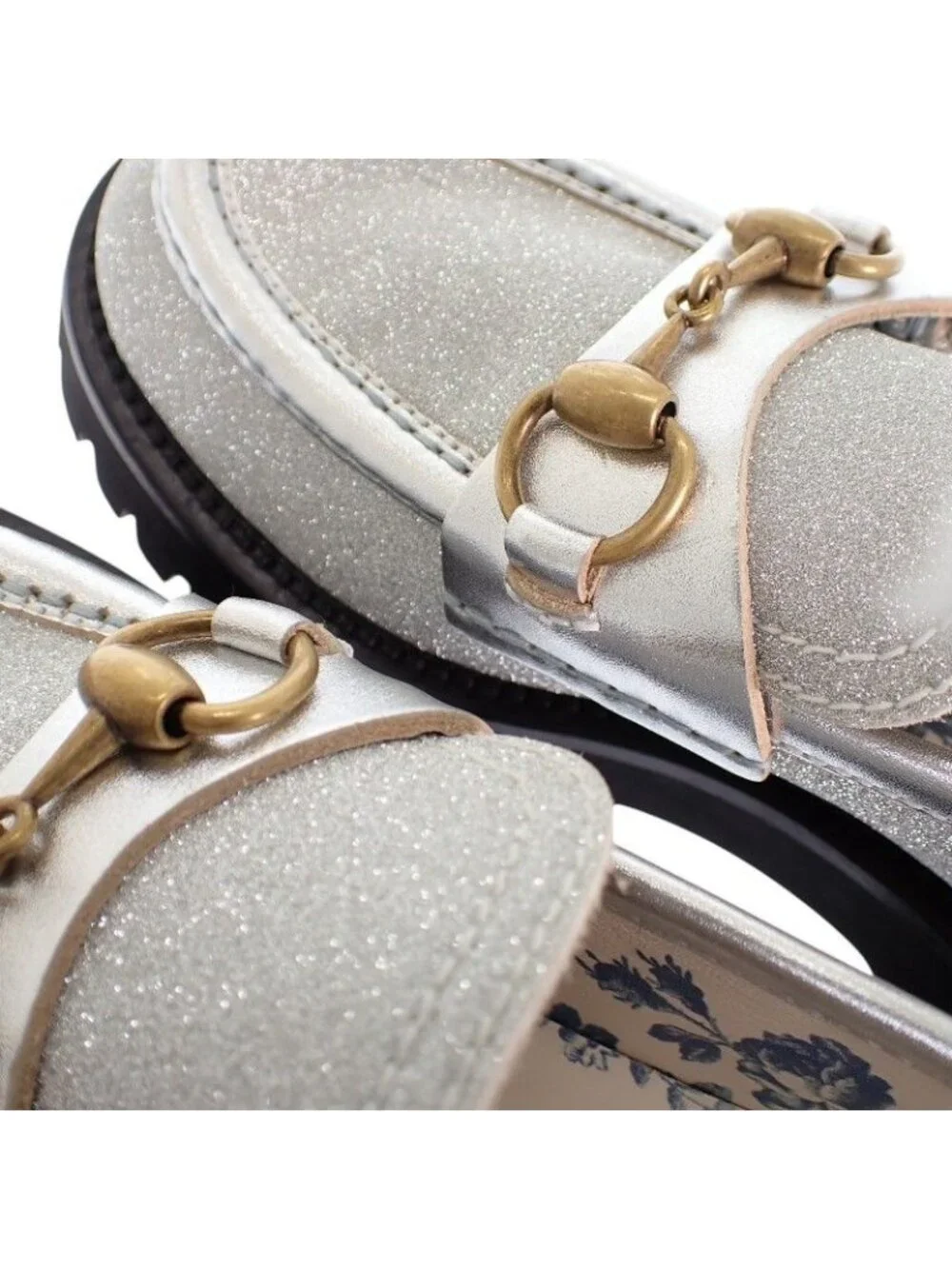 Gucci Horsebit Bee Loafers Shoes 36.5 Thick Sole Calfskin Metallic Silver Gold
